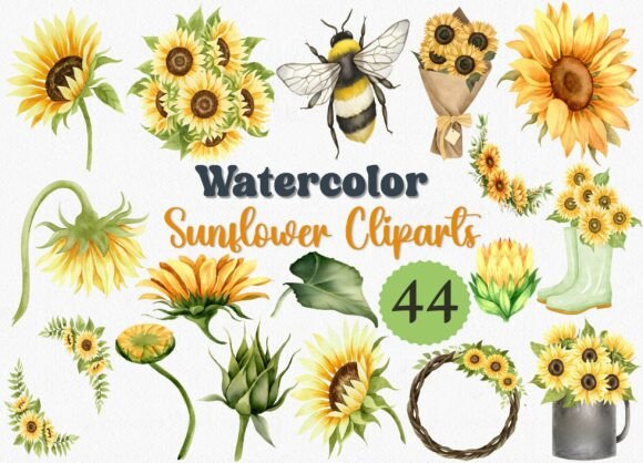 Download Watercolor Sunflower Clipart Set, 44 PNG - Png Collection