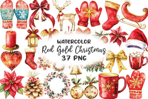 Download Red Gold Christmas Watercolor Clipart - Premium Bundle