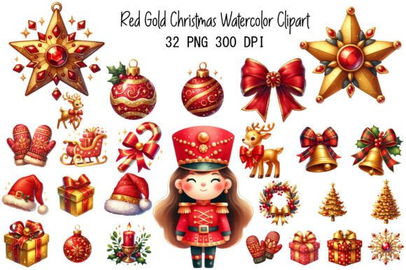 Download Red Gold Christmas Watercolor Clipart - Premium Bundle