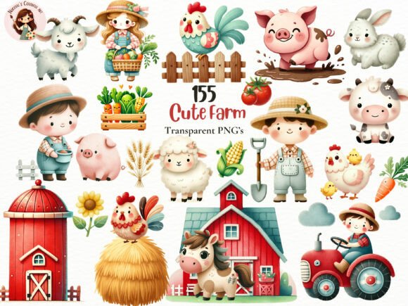 Download Watercolor Farm Kids &amp; Animals PNG Set - Png Collection