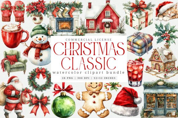 Download Watercolor Classic Christmas Clipart PNG - Png Collection