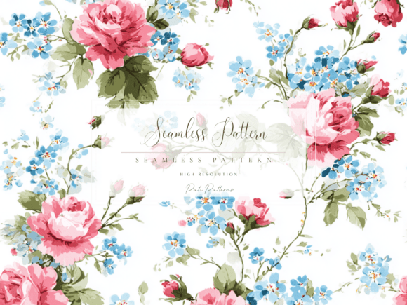 Download Vintage Pink Roses and Blue Forget-Me-Not Seamless Floral Pattern PNG - Png Collection