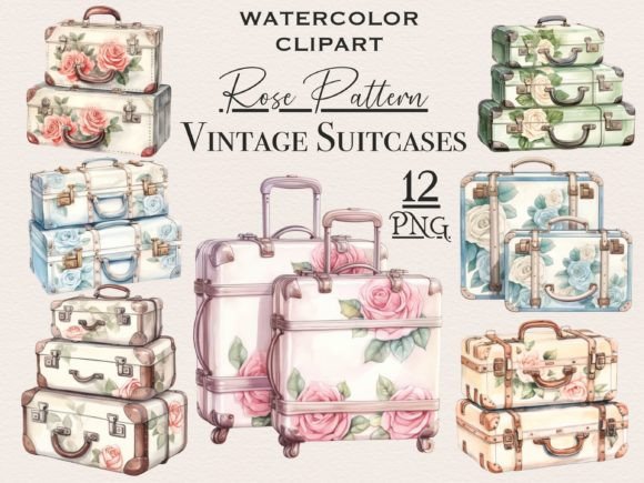 Download Rose Pattern Vintage Suitcase Png Bundle - Png Collection